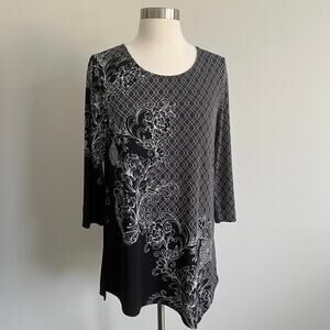 Chico's Black Floral 3/4 Sleeve Tunic Top Hankerchief Hem Chico's 0 Small